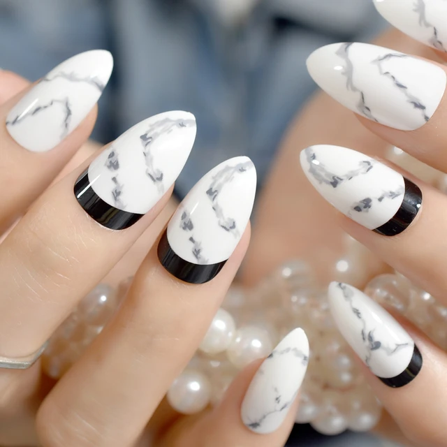 White Black Stiletto Pointed Fake Nails Ink Drawing Marble Las White Black Stiletto Pointed Fake Nails Ink Drawing Marble Las Elegant Acrylic False Nail Tips
