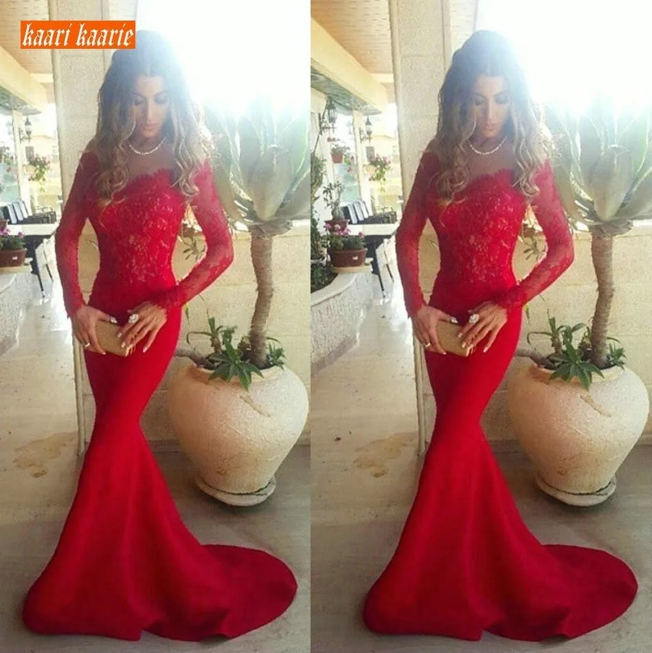 

Fashion Red Mermaid Evening Dresses Long Sleeves 2019 Elegant Lace Elastic Satin Formal Dress Customized Banquet Evening Gowns