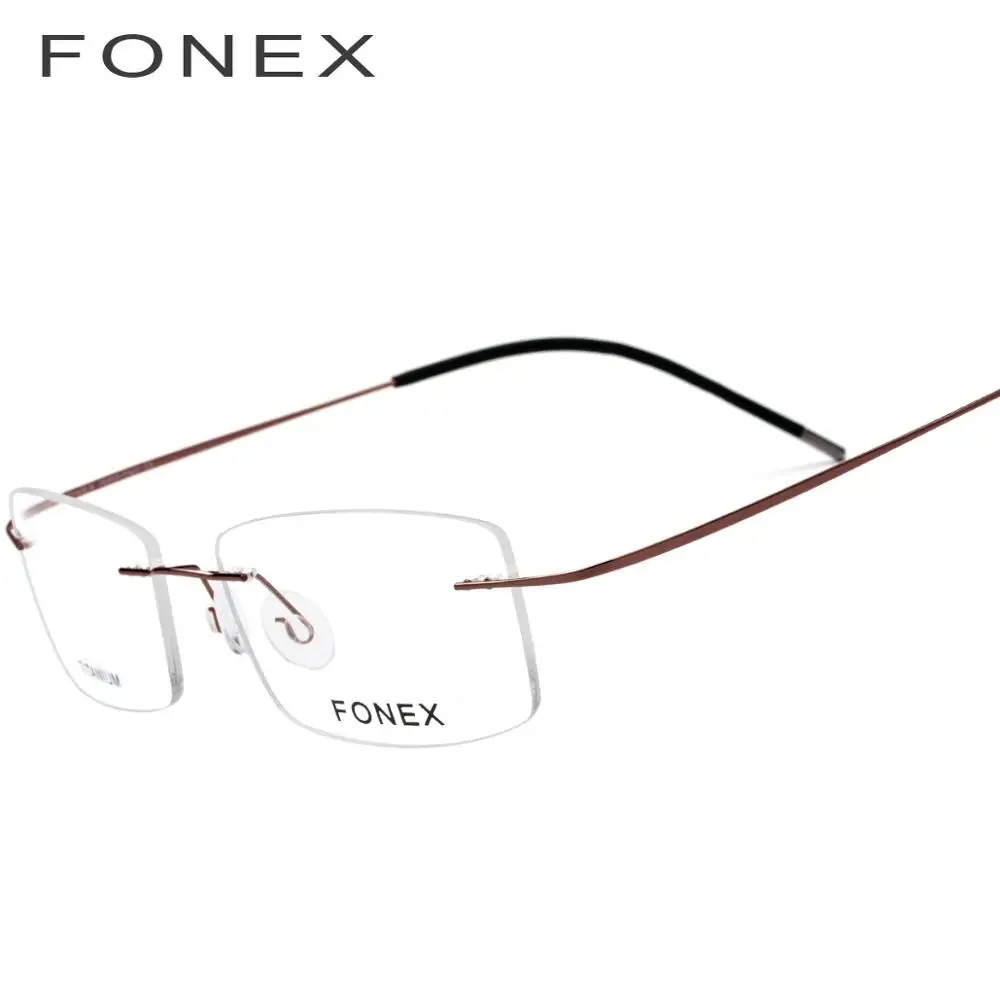 FONEX очки без оправы из титанового сплава, мужские ультралегкие квадратные оправы для очков, мужские очки по рецепту, очки с оптической оправой для близорукости, 76127 - Цвет оправы: Коричневый