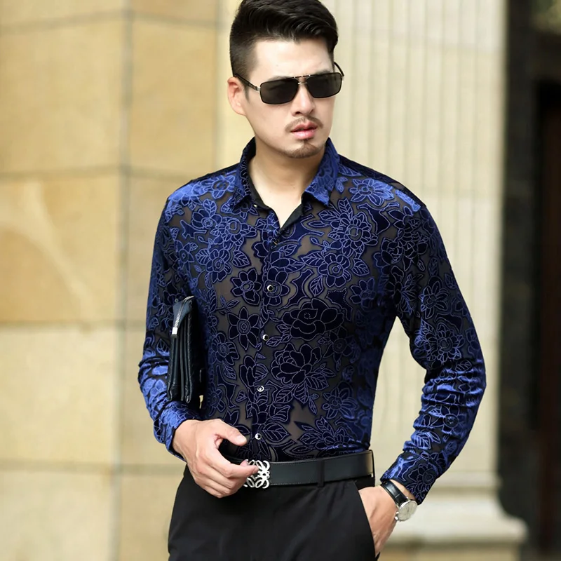 2016 Mens Autumn Fashion Velvet Shirt Sexy Hollow Out Floral Gold