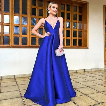 

Sexy Royal Blue Long Evening Dress 2019 Spaghetti Straps Backless Women Gala Gowns Satin A-line Formal Party Gown Customized