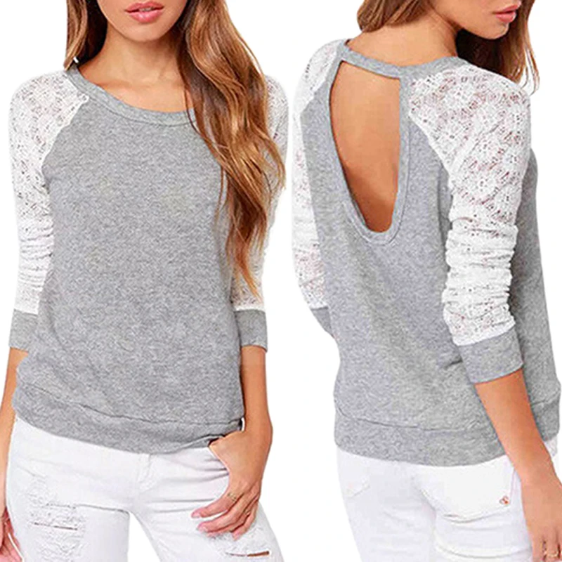 

New Female sweetshot Long Sleeve Sexy Lace Shirts Backless Embroidery Knitted Tops Pullover girl casual long sleeve for Women's