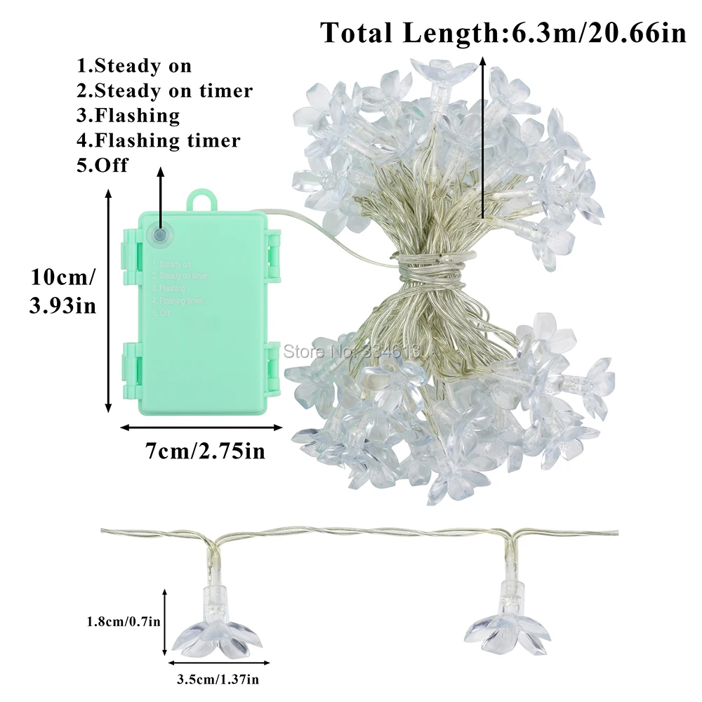6 м 60led Сакура цветок Батарея питание Гирлянды светодиодные фары с 5 режимов, Крытый Открытый Водонепроницаемый украшение праздника Fairy
