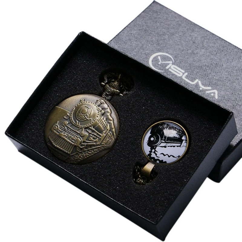 

Vintage Bronze Train Front Locomotive Engine Analog Quartz Pocket Watch Pendant Necklace Creative Fob Watches Gift Set + Box