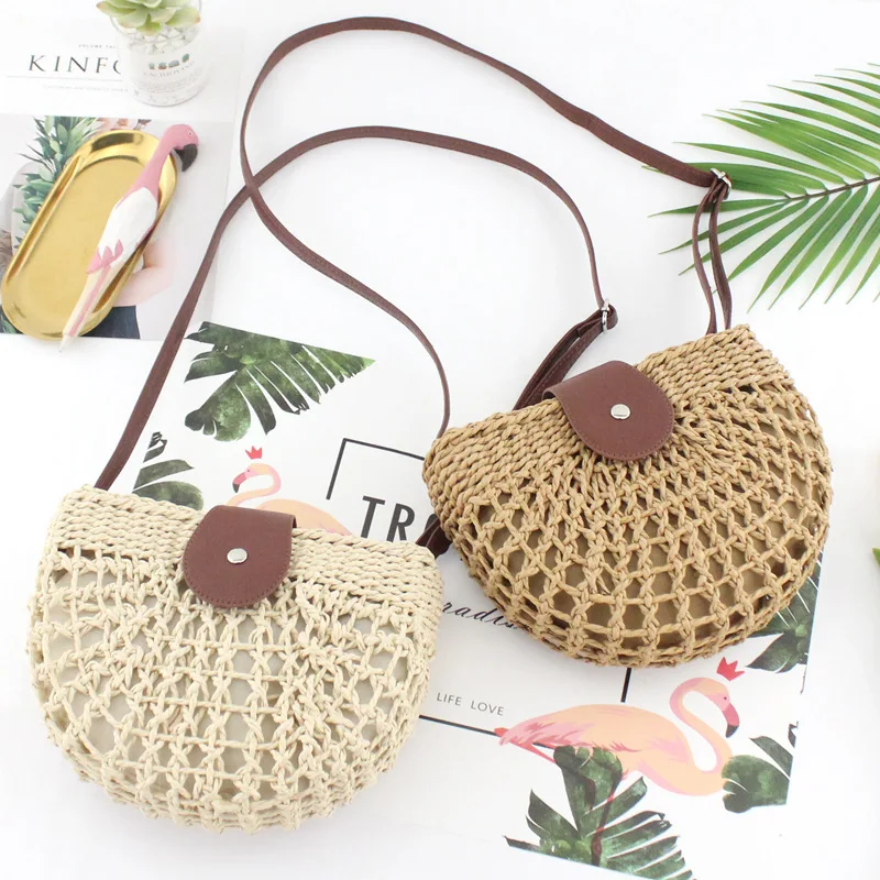 Mini Size Straw Hand Bag with Leather Shoulder Bag