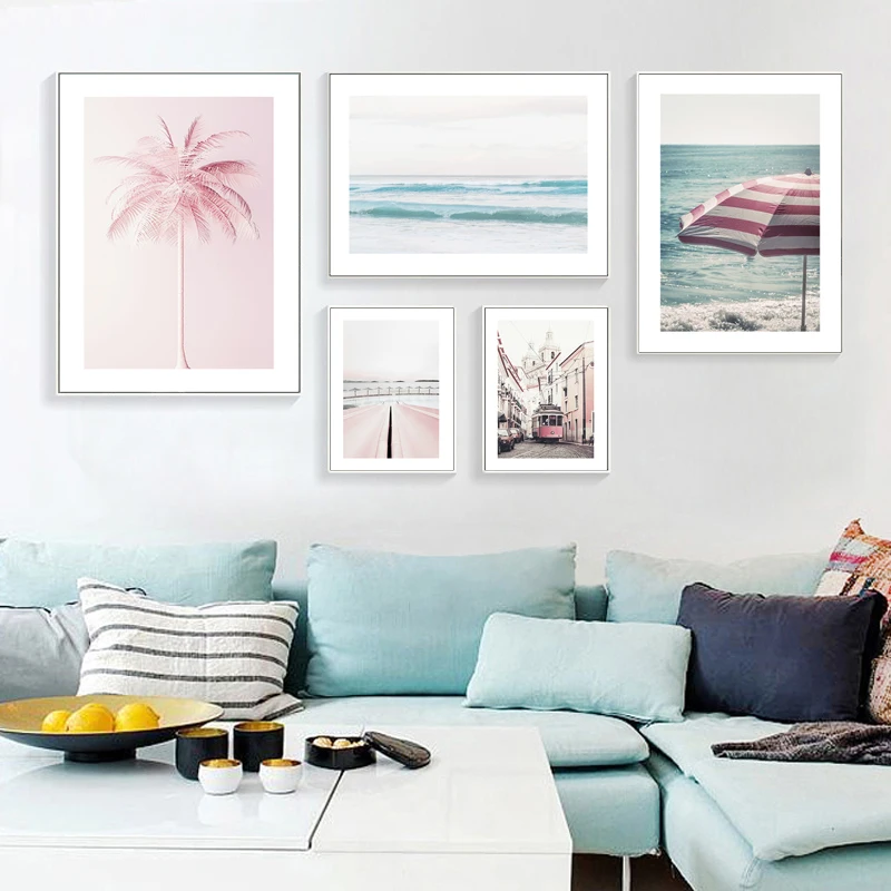 

Pink Sea Scenery Wall Art Canvas Painting Tram Beach Nordic Poster Coconut Tree Wall Pictures For Living Room Building Unframed