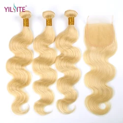 YILITE Body Wave 613 Blonde Non-Remy Human Hair Bundles with Closure 3 Bundles With 4x4 Lace Closure Free Part YILITE Body Wave 613 Blonde Non-Remy Human Hair Bundles with Closure 3 Bundles With 4x4 Lace Closure Free Part