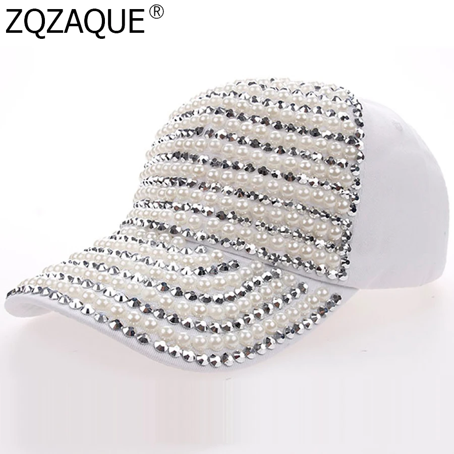 

New Fashion Girls White Cotton Caps with Pearl and Diamonds Shiny Manural Drill Snapback Hip Hop Hats for Women's Baseball Cap