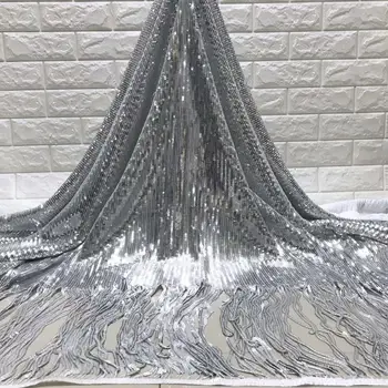 

New French Milk Silk Net Lace Fabric 2019 High Quality Fringed lace African Tulle Lace Fabric With Sequins For Nigerian Wedding