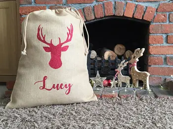 

personalized name large Reindeer Christmas Santa Sacks kids storage Canvas gift toy bagsbirthday cotton drawstring storage bag