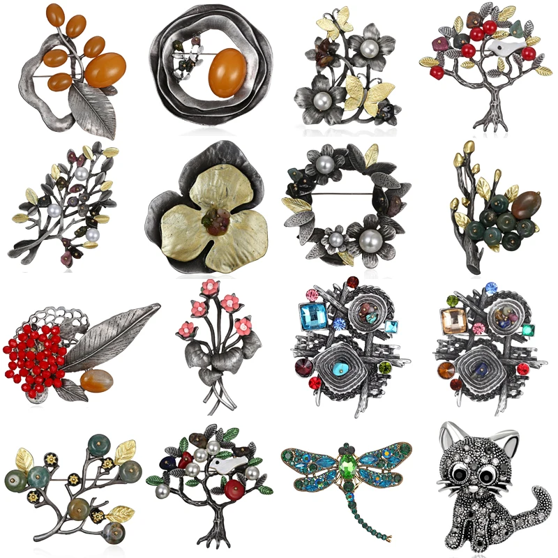

RINHOO Natural Stone Crystal Beaded Flower Leaf Cat Brooches Pins Vintage Collar Wedding Accessories Jewelry Brooch For Women