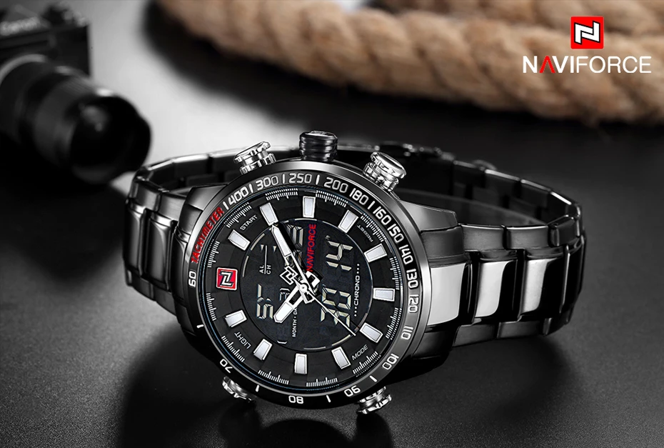 NAVIFORCE мужские часы цифровые аналоговые спортивные мужские s наручные часы лучший бренд класса люкс Военная Нержавеющая сталь светодиодный кварцевые мужские часы 9093