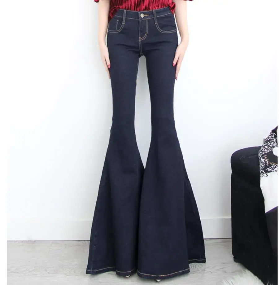 Модные женские супер вспышка ноги джинсы весна осень клеш Джинсы Брюки дамы русалка широкие джинсы размера плюс
