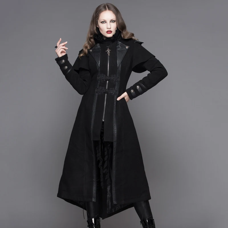 

Devil Fashion 2016 Steampunk Long Black Layered Winter Fleece Jackets Coats Women Gothic Trench Overcoats with Leather Patch