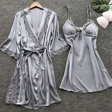 Сексуальный Кружевной Шелковый женский халат и платье, набор из 2 предметов, комплект для сна, летнее атласное нижнее белье кимоно, ночное белье, Женский костюм для сна