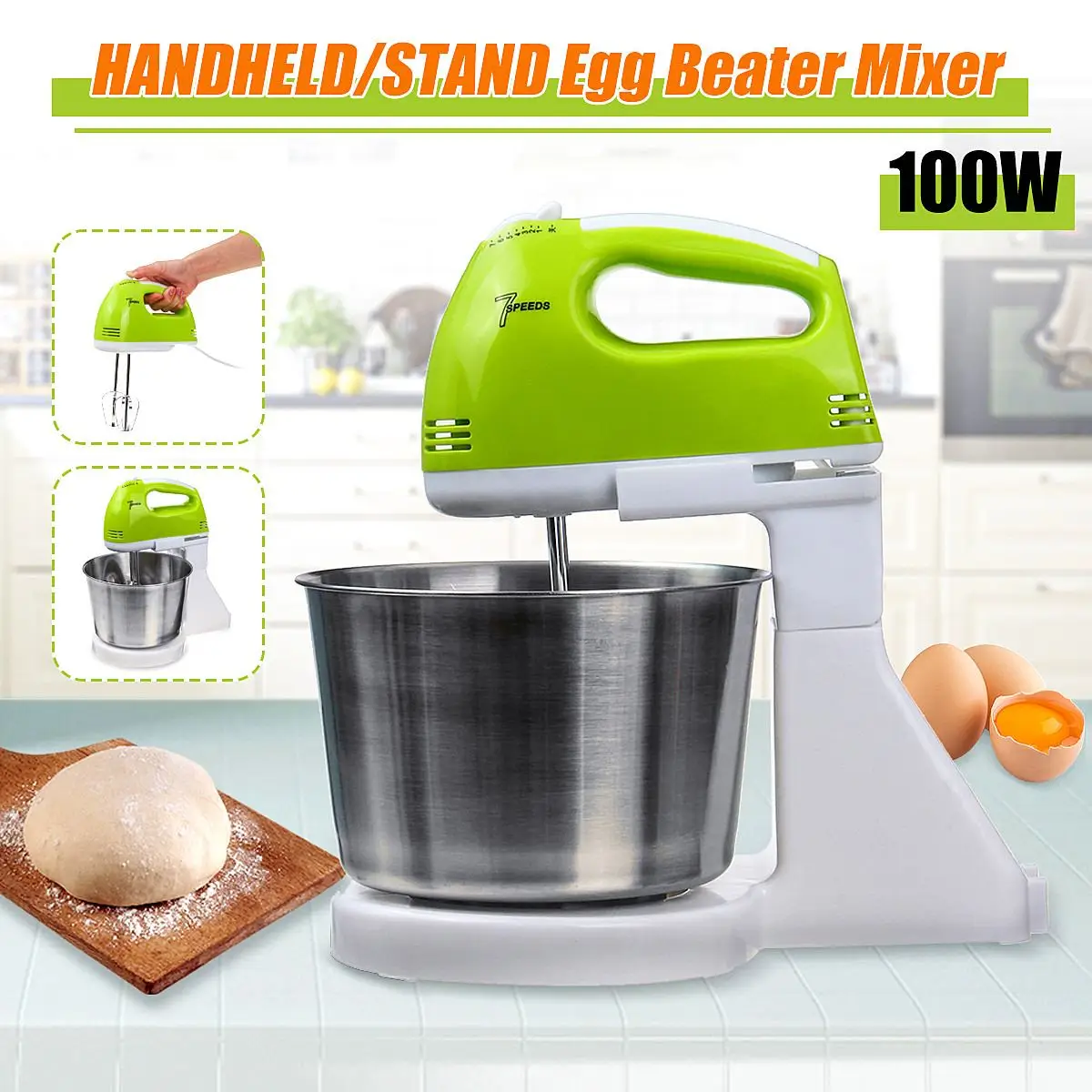 

2-IN-1 220V Handheld/Stand Electric Egg Beater 100W 7 Speed Whisk Mixer Machine Dough Maker Kitchen Cooking Baking Tools Set New