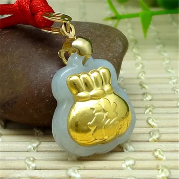 

3D gold natural jade bag pendant e49#