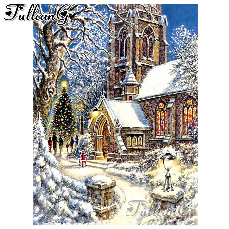 

FULLCANG 5d diy diamond embroidery christmas tree house diamond painting snow full square/round diamond mazayka landscape FC1444
