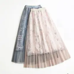 2019 Новая летняя юбка с цветочной вышивкой, длинная юбка, сетчатая юбка феи