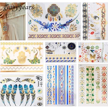 

8 Sheets Flash Metallic Tattoo Temporary Sticker Flower Peacock Feather Design Fake Bracelet Tattoo Decal Women Unique Gift 2019