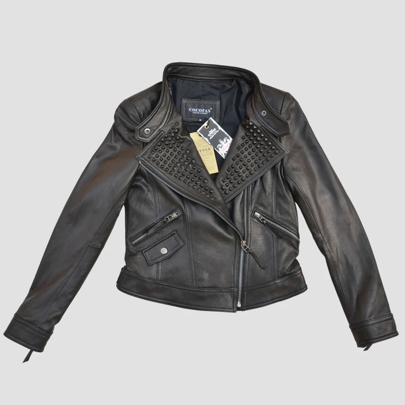 Фабричная Женская куртка из натуральной кожи для женщин, козья кожа, модная черная тонкая куртка-бомбер с заклепками, мотоциклетная куртка, Женская куртка - Цвет: Черный