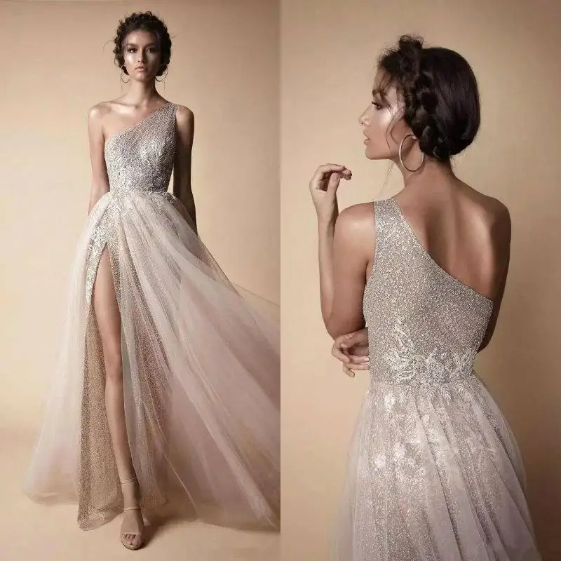 

2019 One Shoulder Prom Dresses Elegant Tulle Lace Long Split Floor Length Formal Evening Dresses Party Wear vestidos de fiesta