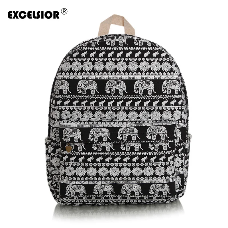 EXCELSIOR Canvas Printing Backpack Women Cute elephant School Backpacks for Teenage Girls Vintage Laptop Bag Rucksack