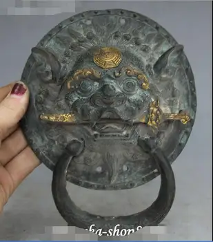 

Old Chinese Bronze Gilt Fengshui Foo Dog Lion Head Door Knocker Gossip Statue