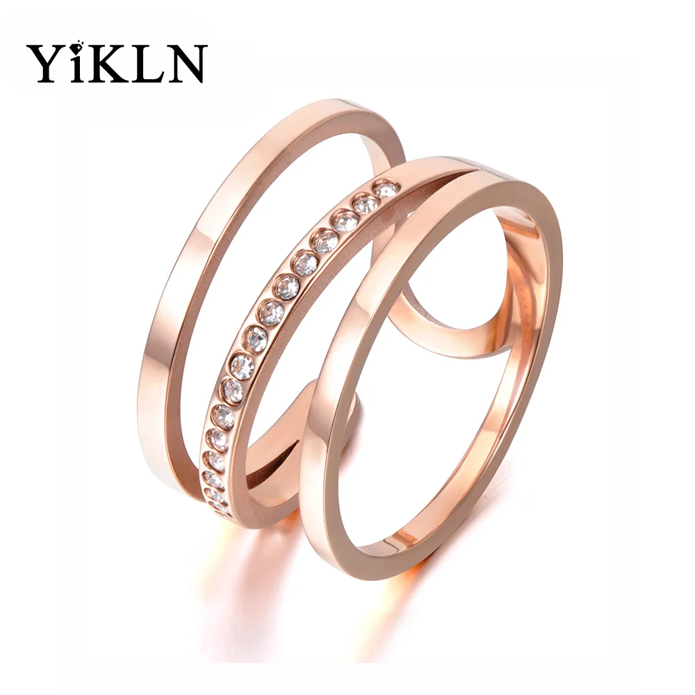 

YiKLN Creative Design Titanium Steel Rings Luxury Rose Gold Color Micro Pave AAA Cubic Zircon Wedding Ring For Women YR17139