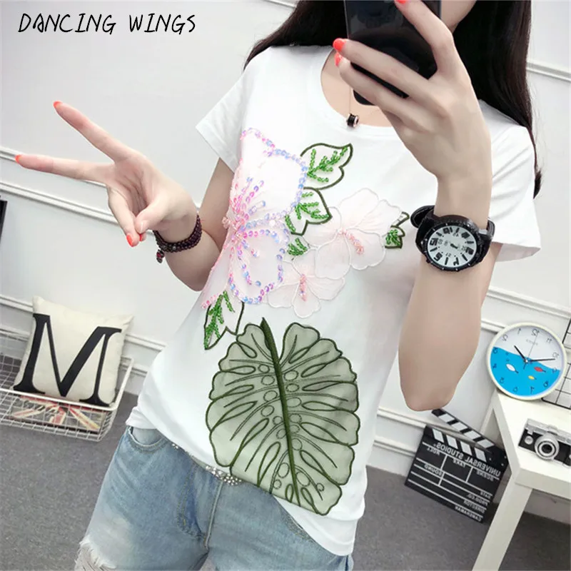 

Summer short sleeve funny t shirts women Flower Embroidery Lace White T-shirt Female Tops korean style women clothes