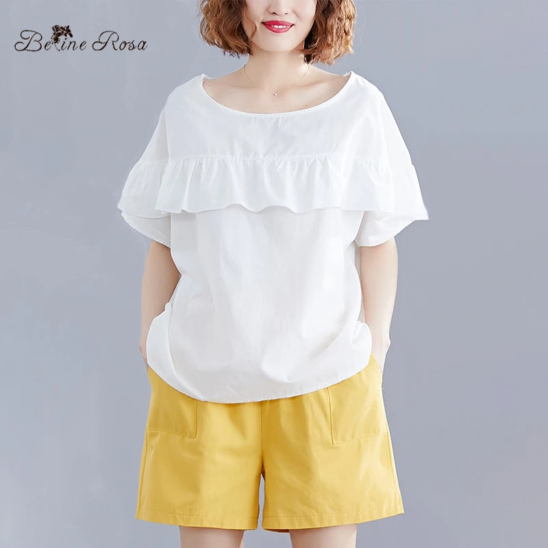 

BelineRosa Cotton Linen Women Clothing Ruffle Short Sleeve Simple Style Ladies Loose Comfort Casual Tops for Women 2019 ZZDM0001