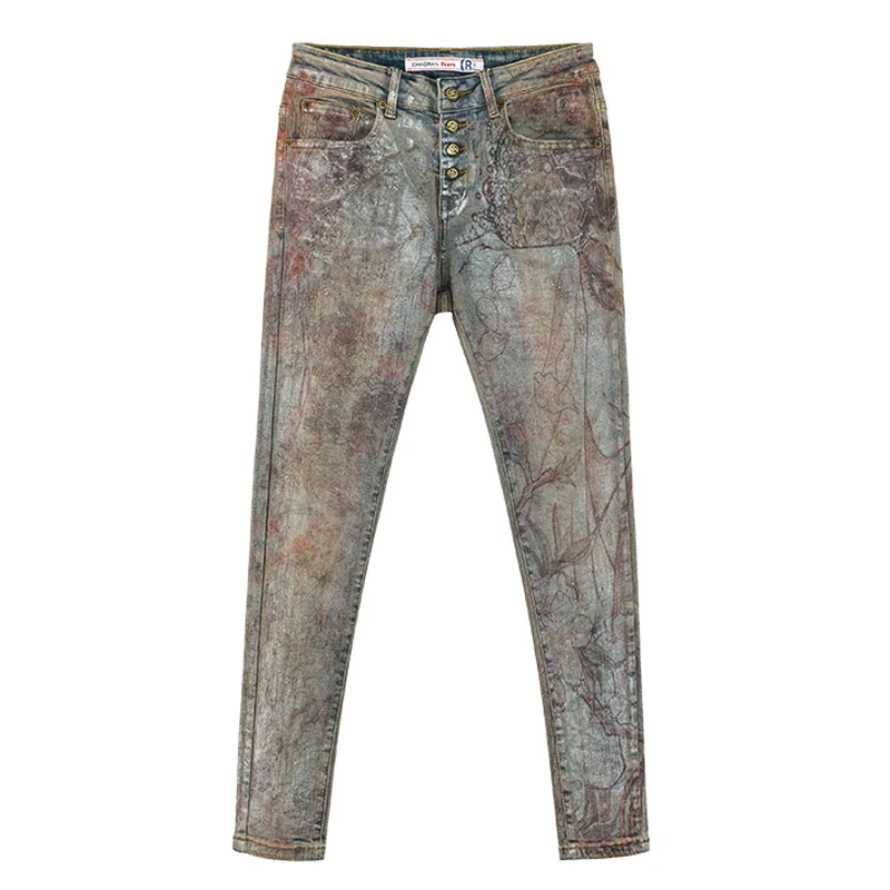 

Spring Summer Fashion Casual Women Printed Pattern Slim Button Fly Stretch Denim Trousers , Woman Hot Stamping Jeans Cross Pants