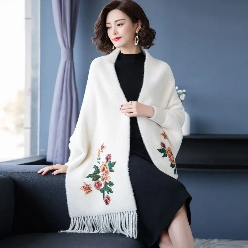 

2019 Autumn Winter Women Faux Mink Embroidery Tassel Knit Shawl Scarf Cloak Female Batwing Sleeve Poncho Sweater Cardigan K160