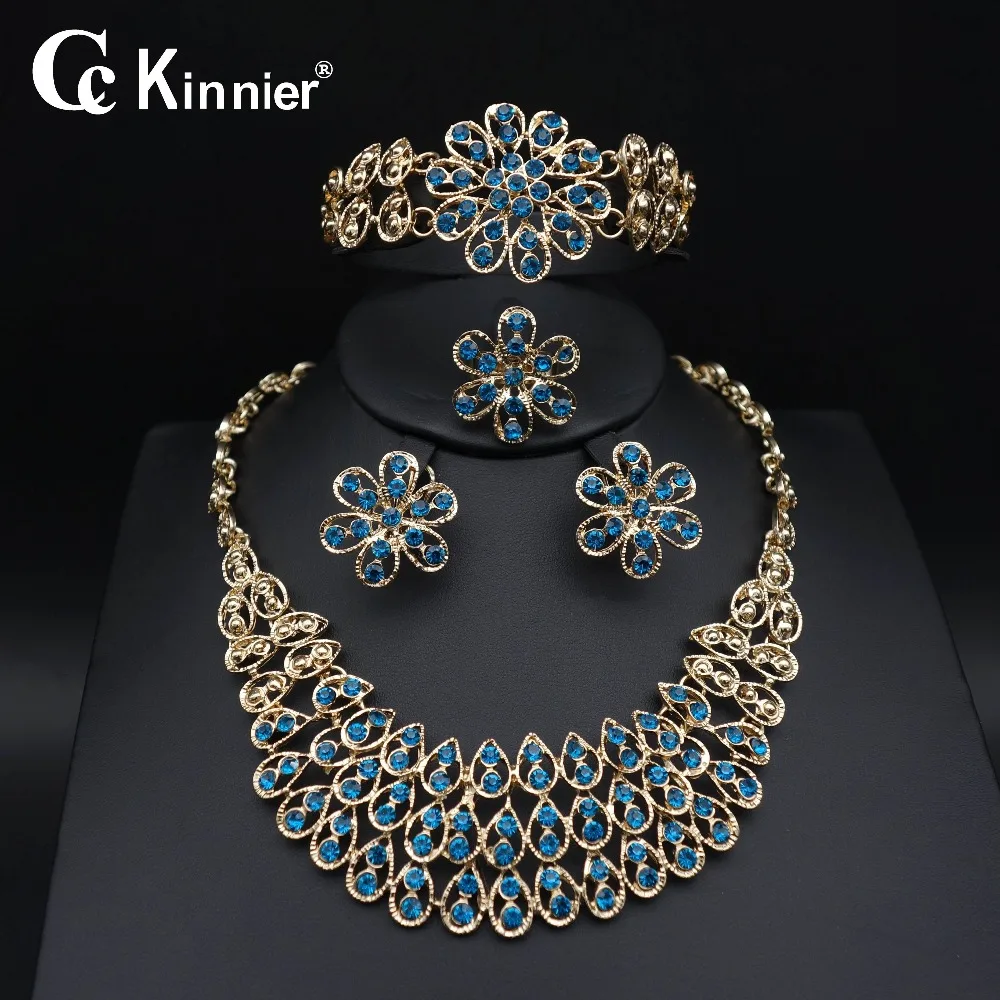 

Dubai Earring gold-color wedding jewelry sets fashion Blue zircon Exaggerated Necklace Bridal African beads Bangle Ring 11.10