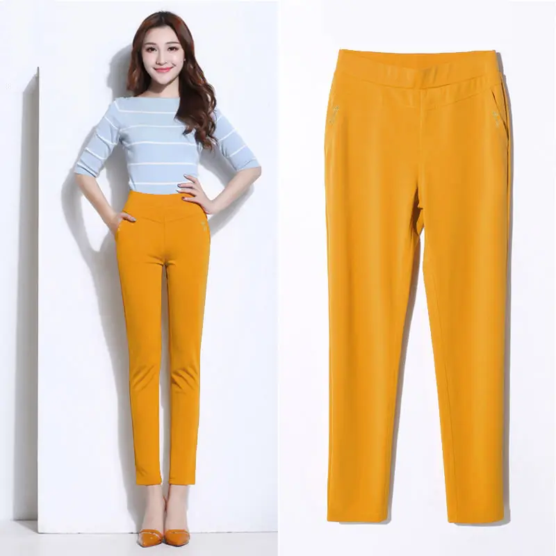 5XL летние брюки женские эластичные узкие брюки с высокой талией женские брюки женские повседневные брюки размера плюс женские офисные брюки уличная одежда Q1418 - Цвет: Yellow