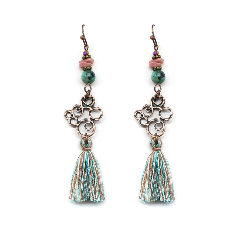 Cloth Tassel Earrings National Wind Alloy Hollow Carved Long Section