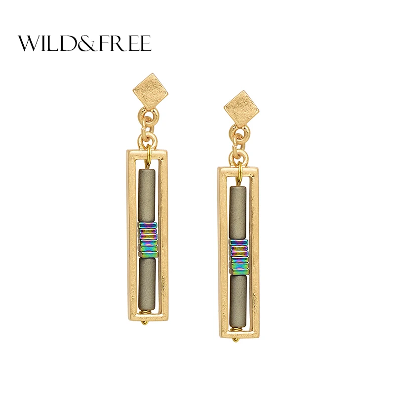 

Women Fashion Natural Stone Drop Earrings Jewelry Vintage Worn Gold Geometric Rectangle Handmade Dangle Earrings For Female