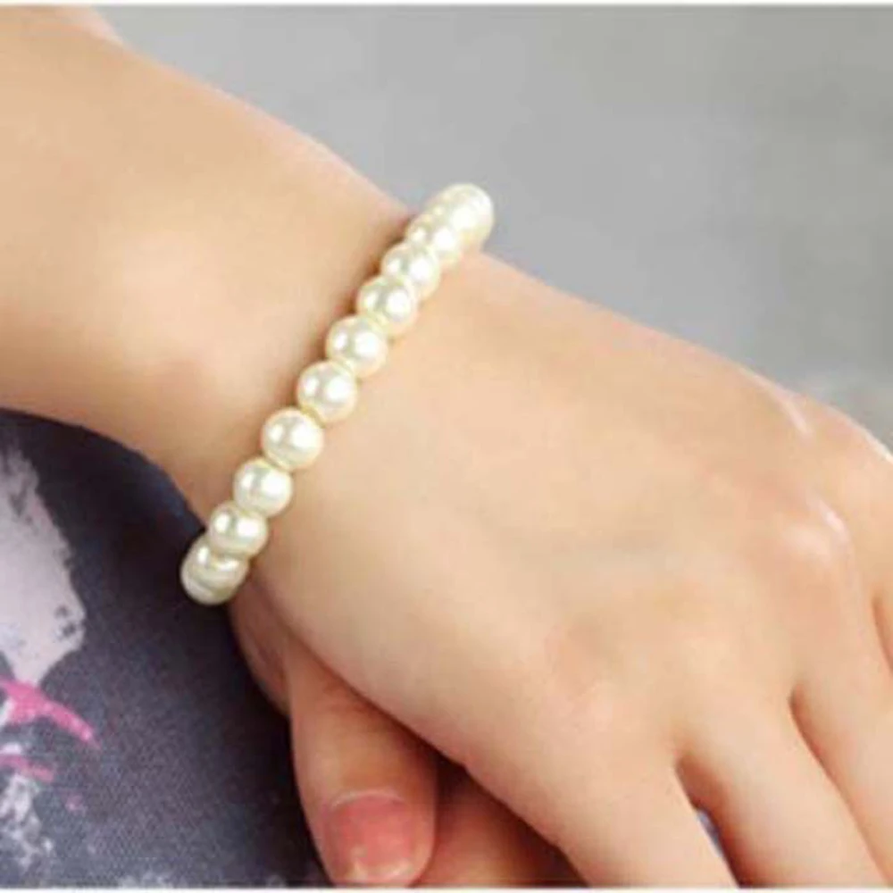 New Classic Imitation Pearls Bracelet for Women Pure White Stretch