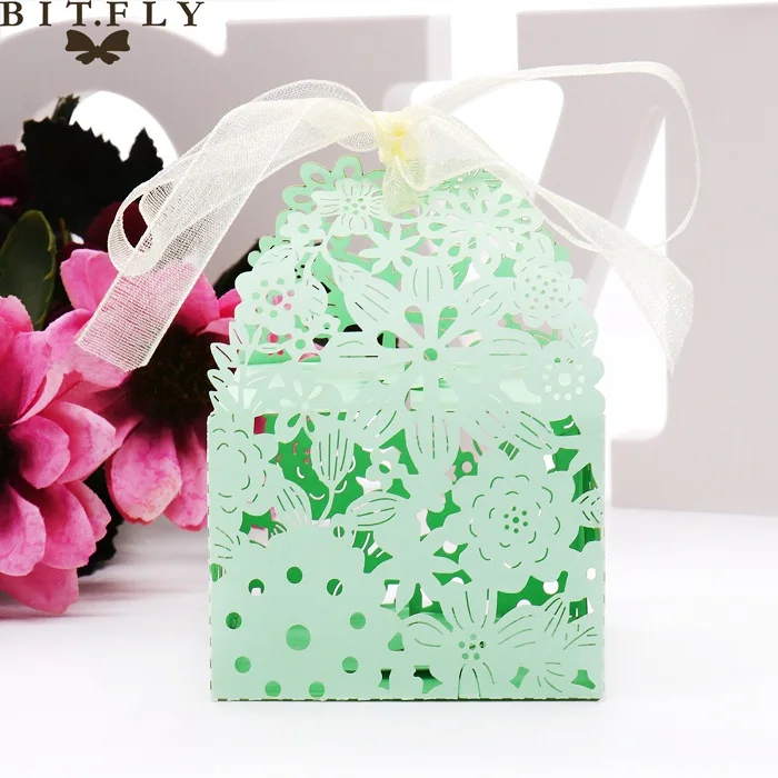 50 шт. бумажная коробка для конфет Лазерная резка цветы подарочные коробки для кексов для фестиваля банкета украшения вечерние принадлежности подарочные украшения - Цвет: green