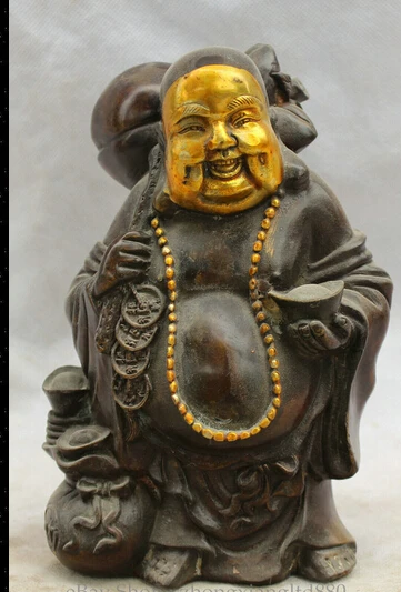 

JP S0524 7" Chinese Buddhism Bronze Gild stand Wealth Happy Laugh Maitreya Buddha Statue