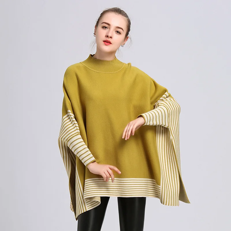 

New European and American Bat Sleeve Sleeve Knitted Shirt, Cloak and Shawl Woman with Loose Stripes and Round Collar