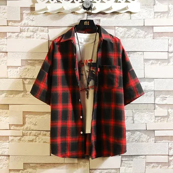 

#0113 Hop Hop Streetwear Japanese Style Casual Plaid Shirts Men Short Sleeve Lapel Collar Plus Size 5XL Mens Shirts Regular Fit