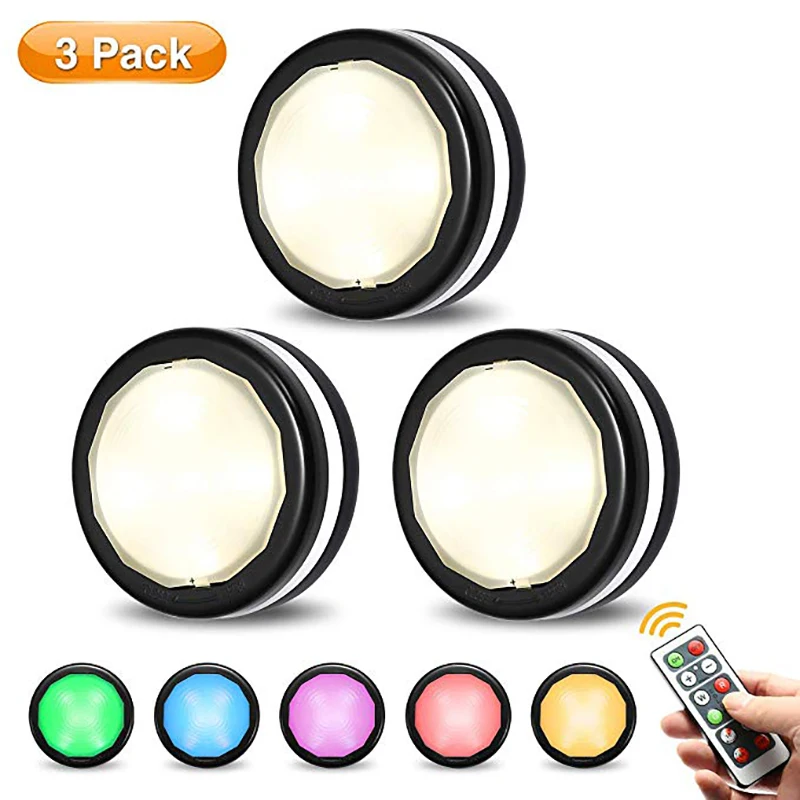 

LED Closet Lights Wireless Color Changing RGB Puck Light 3 Pack with 1 Remote Controls Dimmable Under Cabinet Lighting Battery