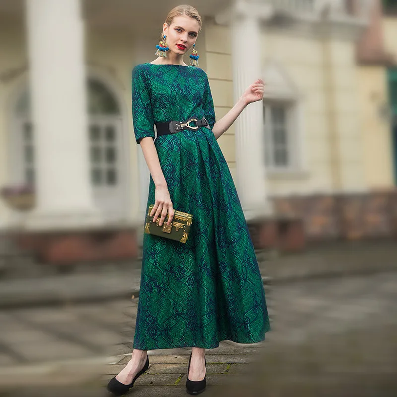 

DF Women Green Lace embroidery Vintage Party Long Dress 2018 Autumn Lady Half Sleeve Ball Gown Maxi Dresses Plus size M- 4XL