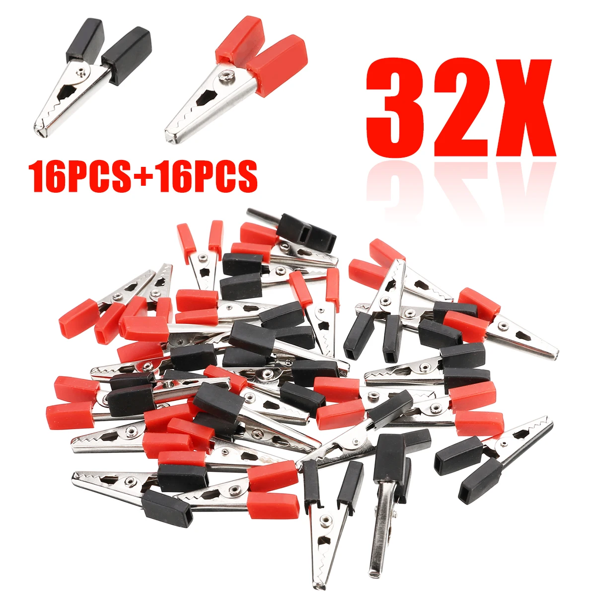 32pcs NEW Crocodile Clips Electrical Battery Alligator Clamps Red Black Small Battery Clip Alligator Clip Wire Clip Test Tool