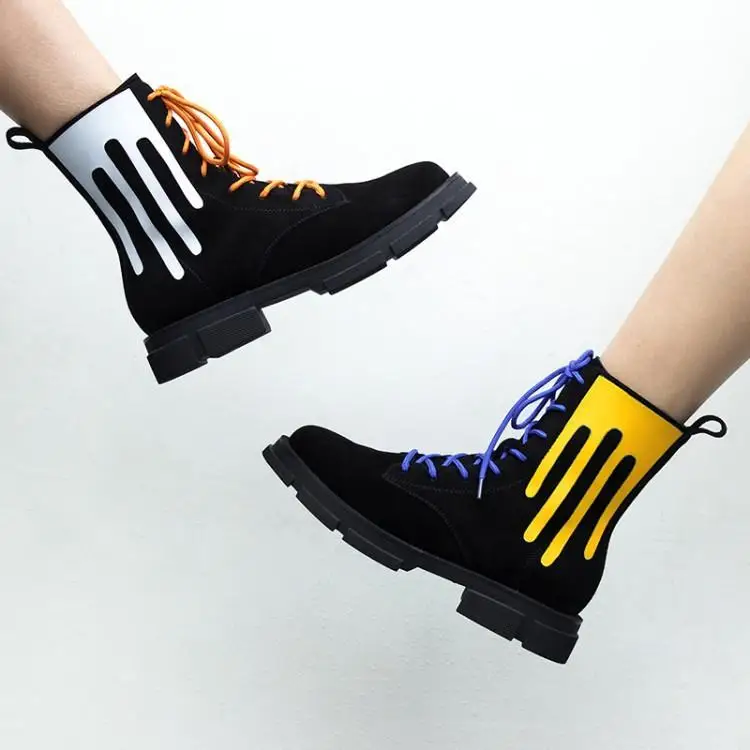 

Fashion Designers Mixed Color Black White Yellow Suede Martin Boots Orange Blue Cross Tied Lace Up Winter Shoes For Girl Brand