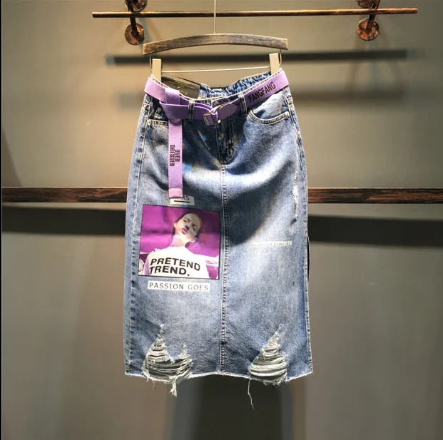 

2019 New Summer Denim Skirt Women Letter Printing Hole Split Package Hip Jeans Skirt Students Jeans Skirts Nancylim