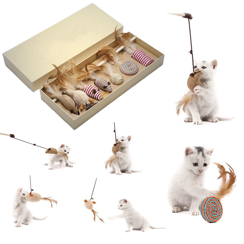 

7PCS Funny Cat Toys, Feather Training Teaser Rod Interactive Stick with Bells Mouse Ball Feather Catnip Cat Toys Pet Supplies