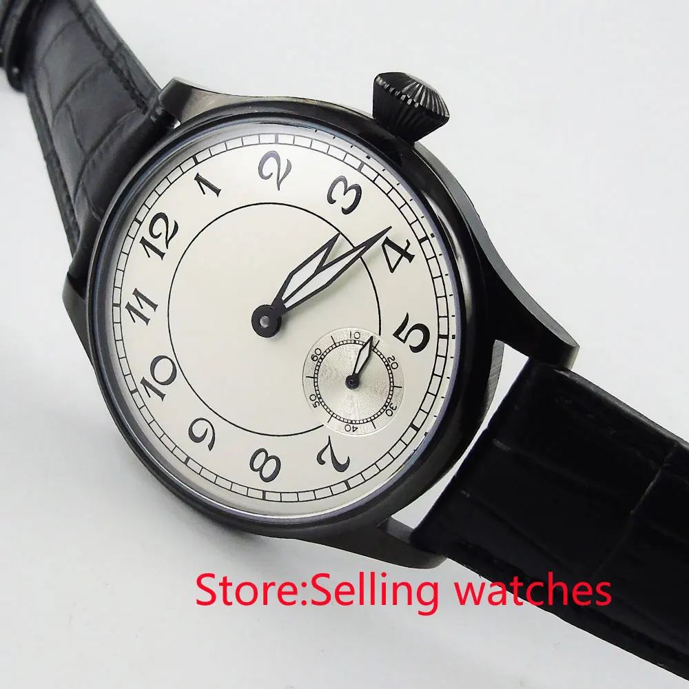 

44mm parnis white dial PVD case 6498 movement hand winding mens watch