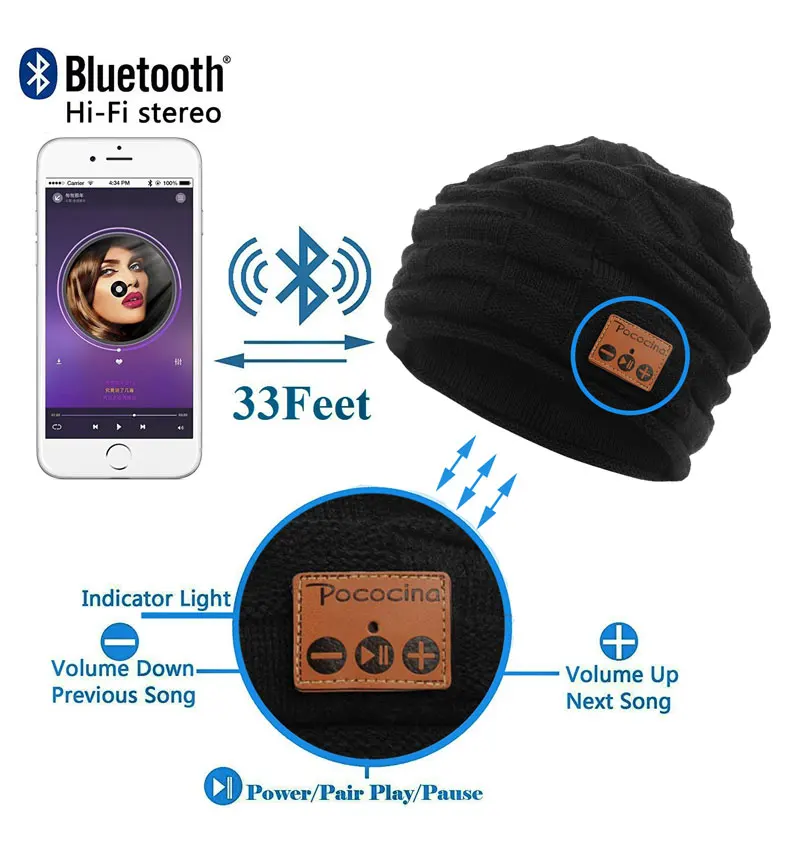 Bluetooth Beanie шляпа с перезаряжаемой унисекс беспроводной Beanies панель управления съемные стерео наушники шерсть вязать музыкальное бини